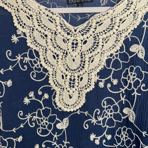 Boho Crochet Lace Peasant Top L Navy Cotton Embroidered Cottagecore Festival - Picture 4 of 7